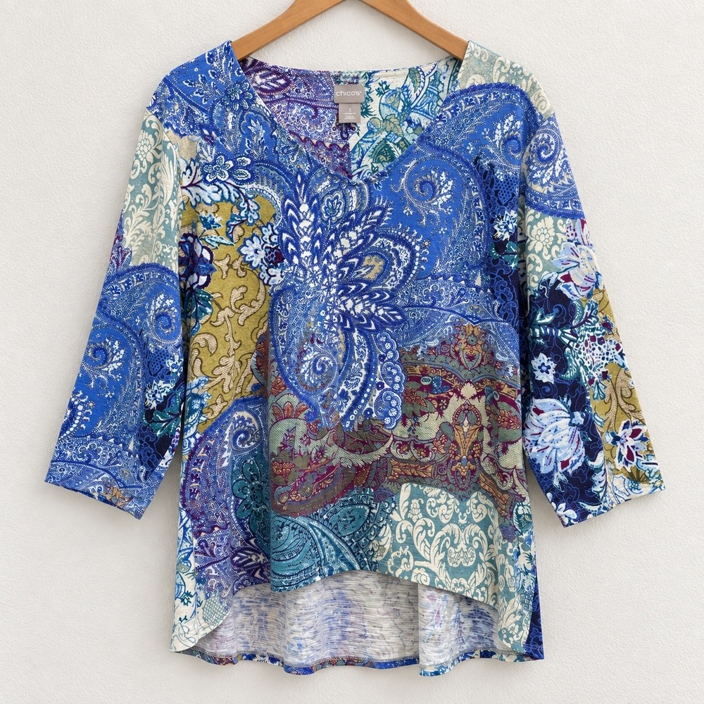 Chicos Top Womens 3 Blue Paisley Patchwork V-Neck 3/4 Sleeve High Low Hem XL